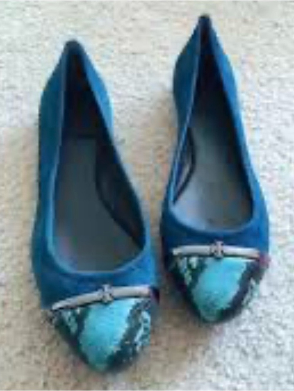 Tory Burch Teal Suede Pacey Driver Ballet Flats with Snakeskin Cap Toe
